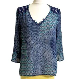 WET SEAL Women’s Blue Semi Sheer Patchwork Print Flutter Sleeve Blouse Sz Small